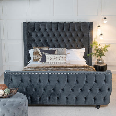 Geena Luxury velvet Queen Bed Frame -Dark Grey