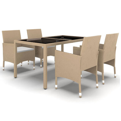 5 Piece Garden Dining Set Poly Rattan and Tempered Glass Beige