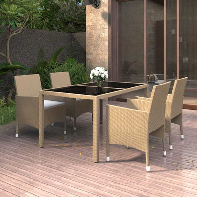 5 Piece Garden Dining Set Poly Rattan and Tempered Glass Beige