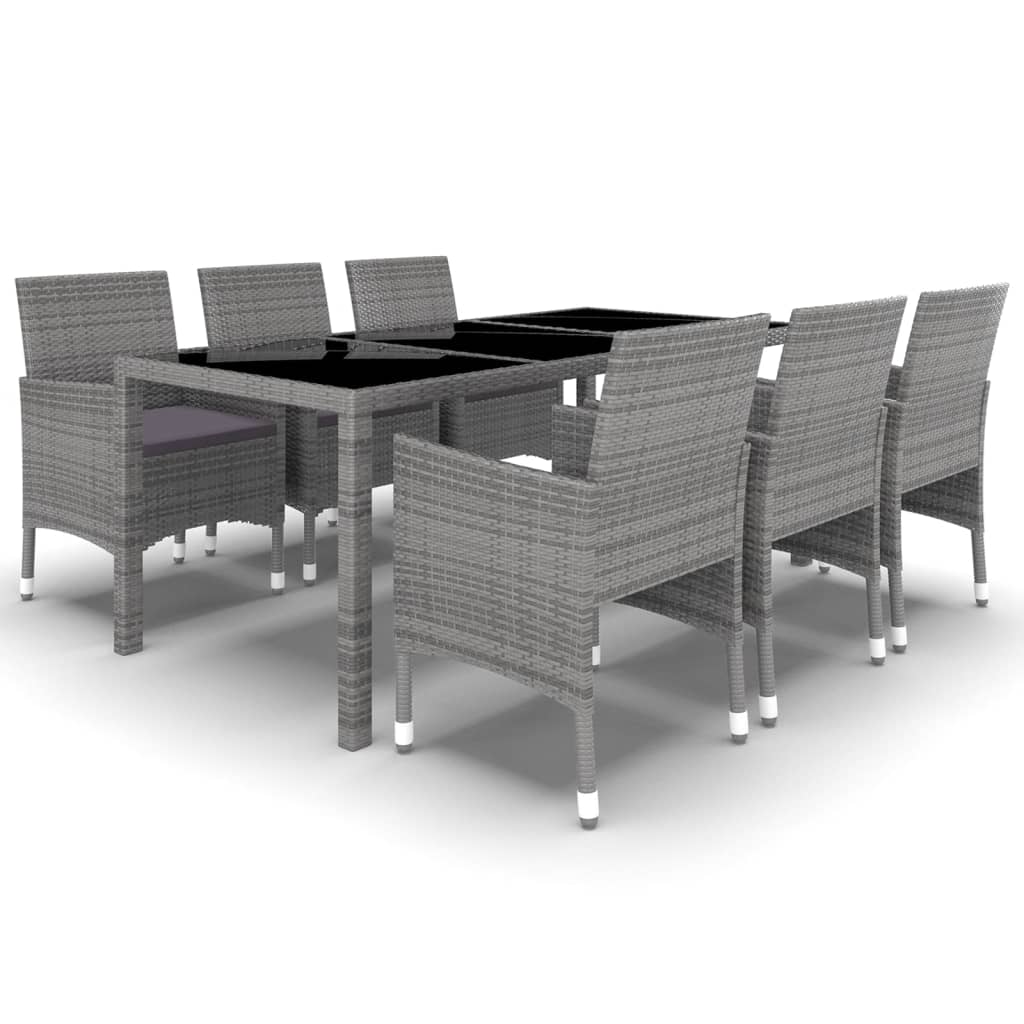 7 Piece Garden Dining Set Poly Rattan and Tempered Glass Grey
