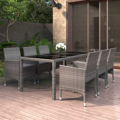 7 Piece Garden Dining Set Poly Rattan and Tempered Glass Grey