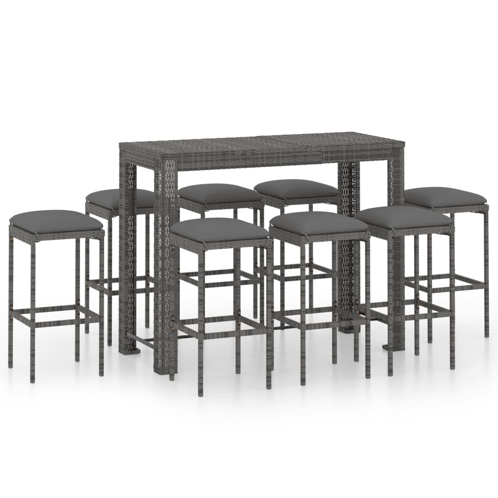 9 Piece Garden Bar Set with Cushions Poly Rattan Grey