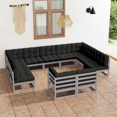 11 Piece Garden Lounge Set with Cushions Grey Solid Pinewood