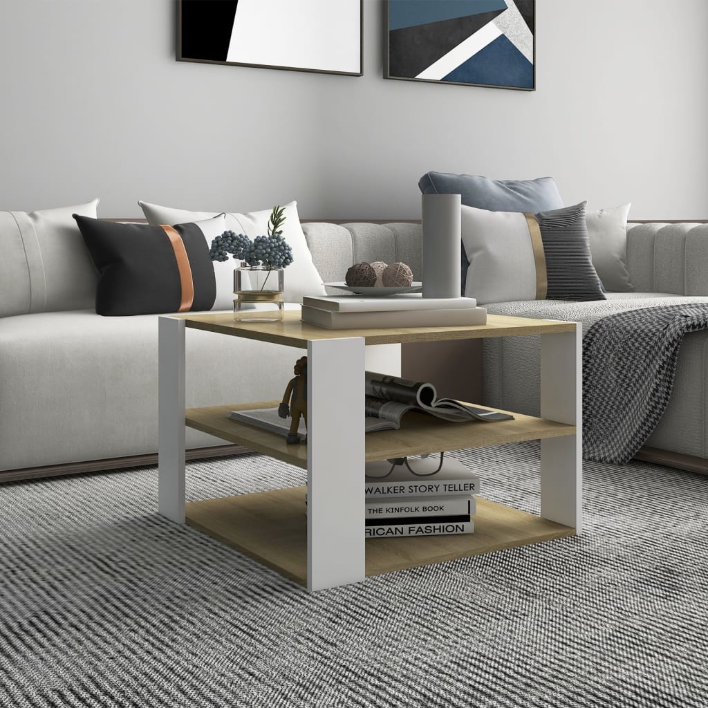 Coffee Table Sonoma Oak and White 60x60x40 cm Chipboard