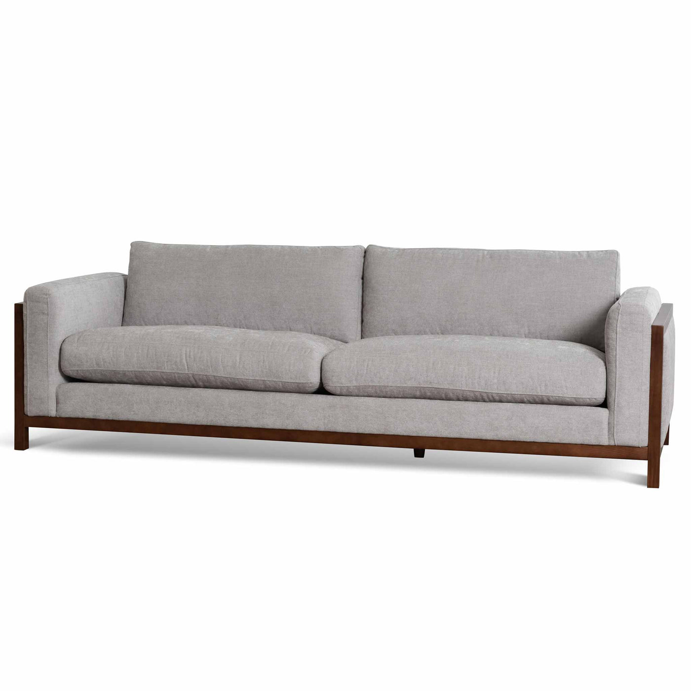 3 Seater Fabric Sofa - Oyster Beige with Walnut Frame