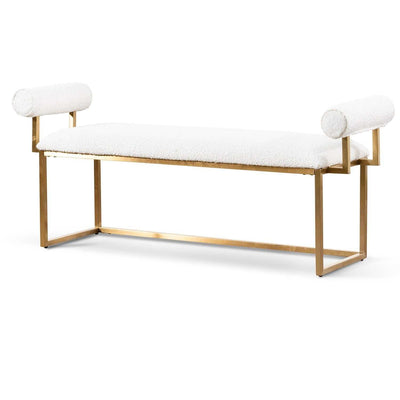 White Boucle Bench - Brushed Gold Base