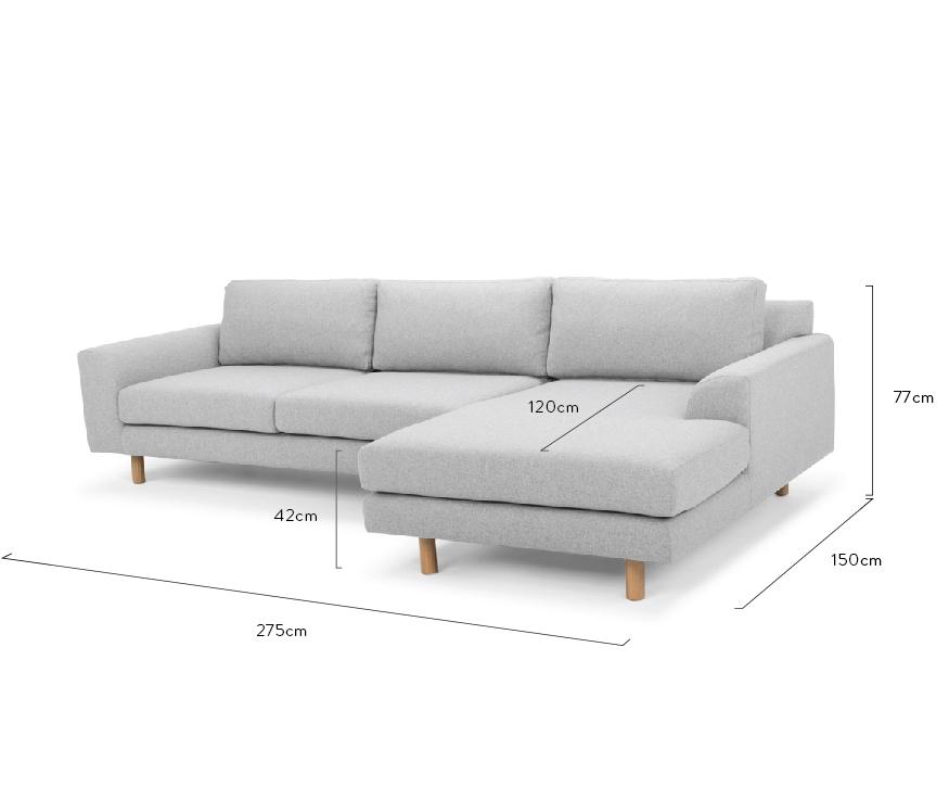 3 Seater Right Chaise Sofa - Light Grey