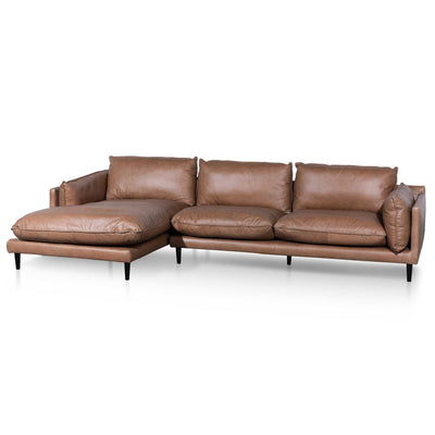 4 Seater Left Chaise Leather Sofa - Saddle Brown